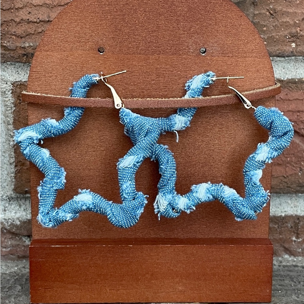 Distressed Denim Star Hoop Earrings